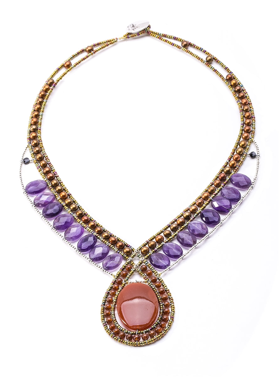 Carnelian & Amethyst Gemstone Necklace with Bronze Pearls by Ziio view 2