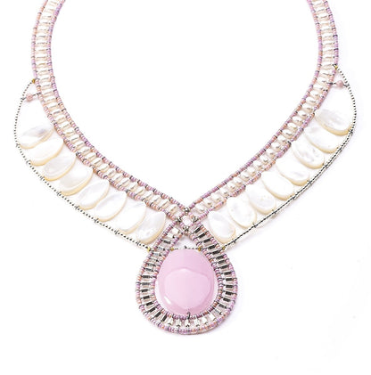 Pink Cabochon & White Mother of Pearl Necklace by Ziio