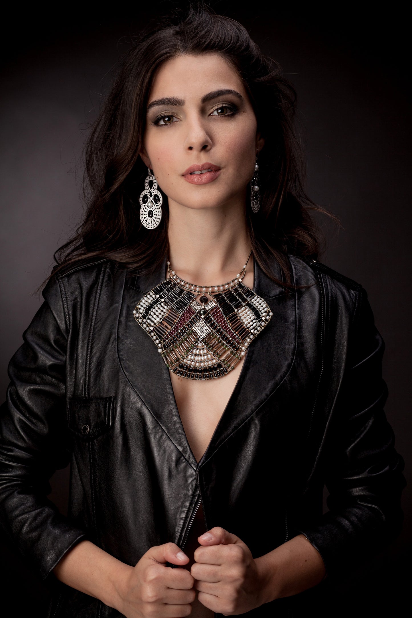 Falena Statement Bib Necklace in Onyx, Garnet with Pearls