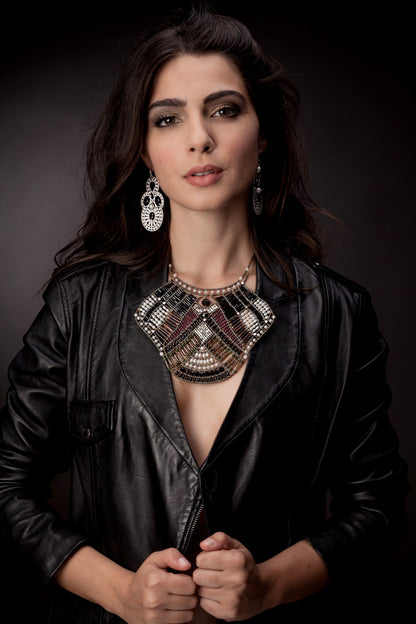 Falena Statement Bib Necklace in Onyx, Garnet with Pearls