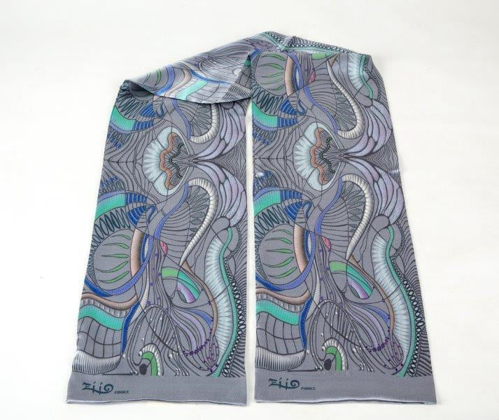 Grey Jungle Print Tube Scarf in Silk Satin