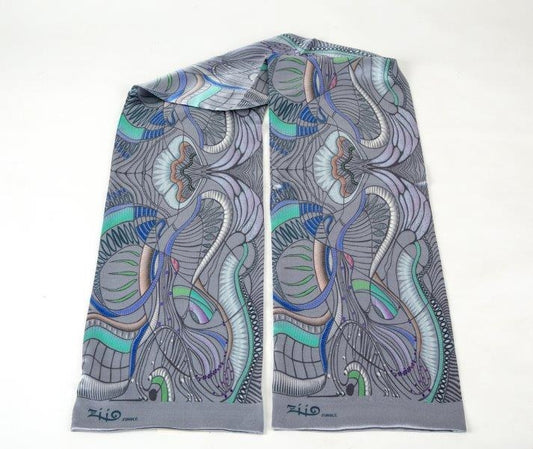 Grey Jungle Print Tube Scarf in Silk Satin