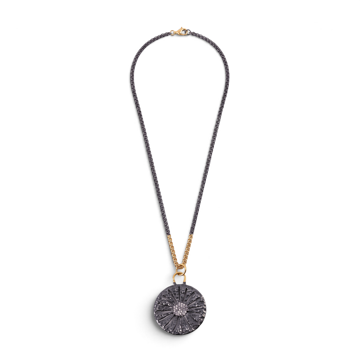 Trebor Style two-tone sand dollar pendant in oxidized sterling silver and 14k gold with pave set white sapphires.