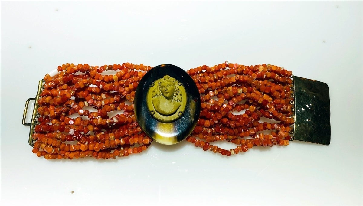 Coral Beaded Cuff Bracelet with Antique Cameo & Horn Medallion