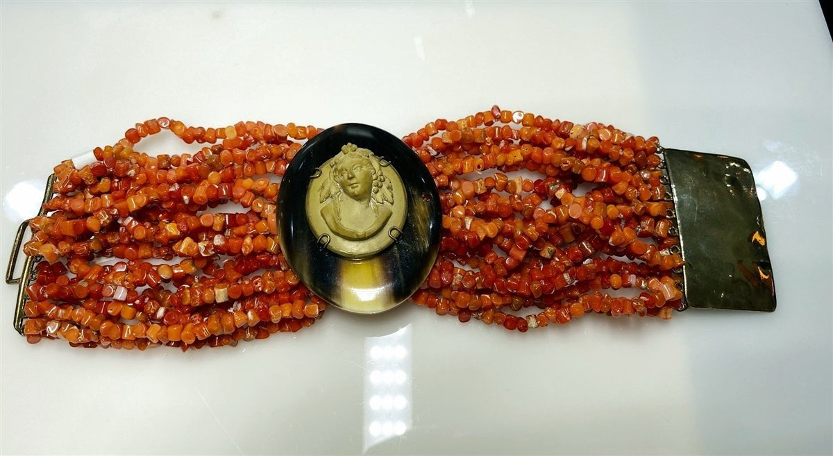 Coral Beaded Cuff Bracelet with Antique Cameo & Horn Medallion view 2