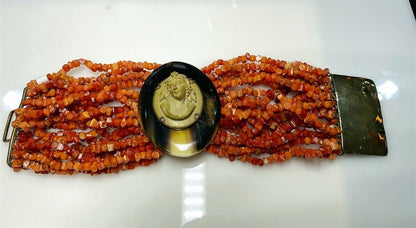 Coral Beaded Cuff Bracelet with Antique Cameo & Horn Medallion view 2