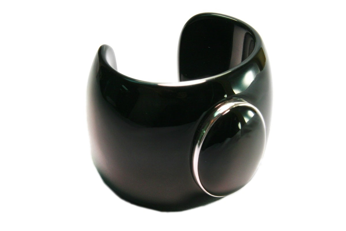 Large Black Acrylic Cuff Bracelet with Onyx Cabochon