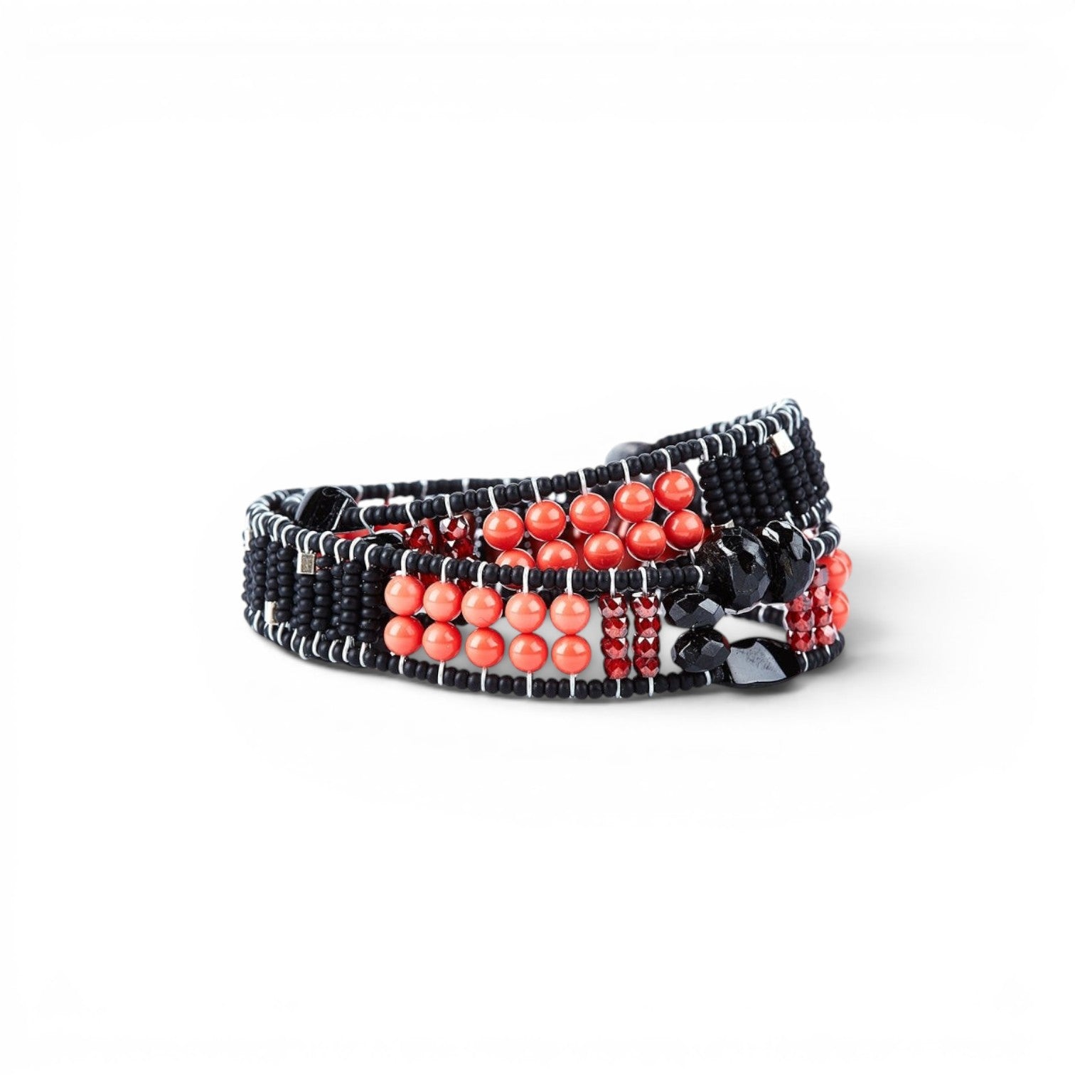 Ziio's Dark Black & Red Gemstone Wrap Boa Bracelet