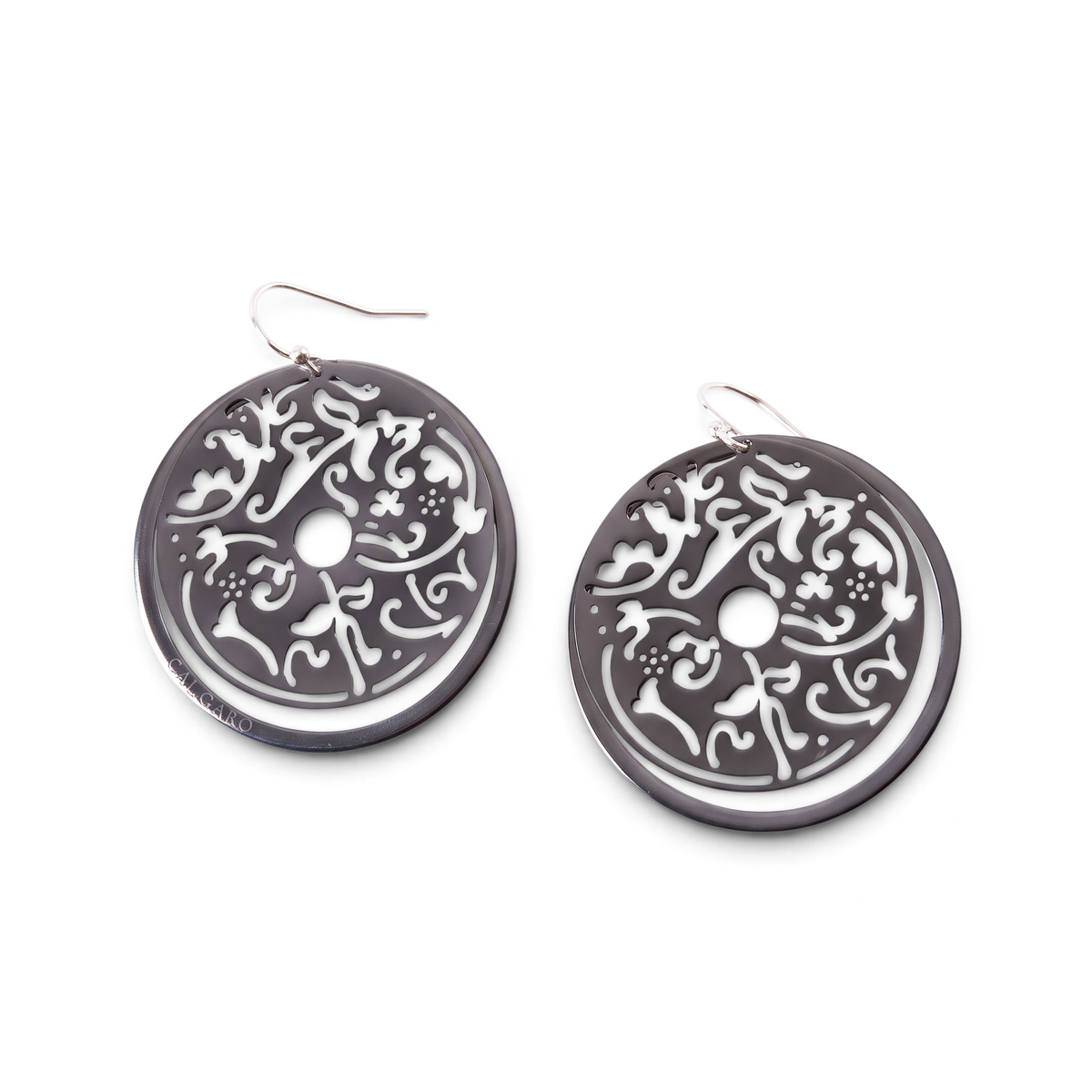 Trebor Style oxidized sterling silver filigree circle drop earrings with intricate laser-cut patterns on hook backs.
