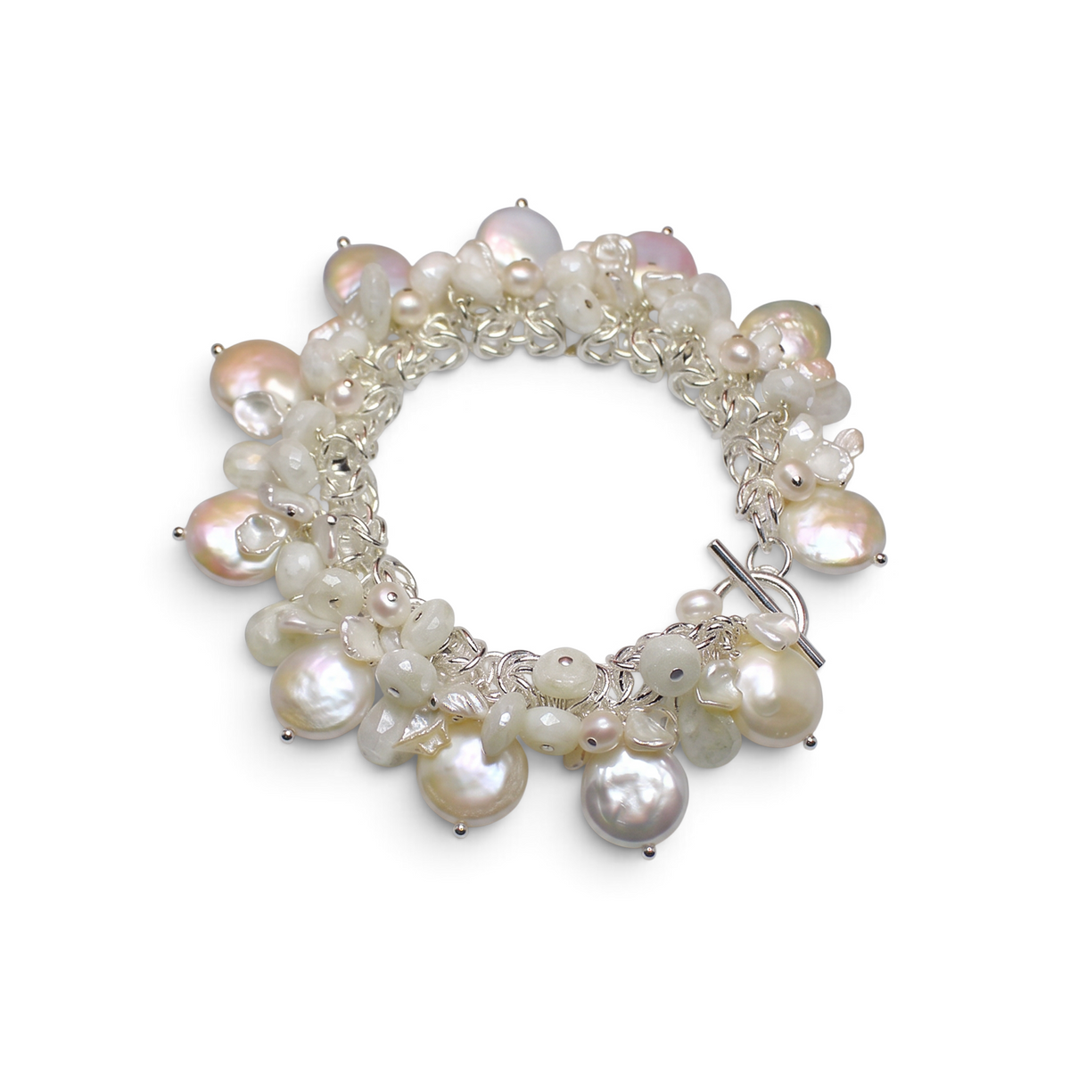 White Sapphire & Coin Pearl Charm Bracelet in Sterling Silver