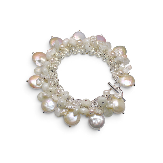 White Sapphire & Coin Pearl Charm Bracelet in Sterling Silver