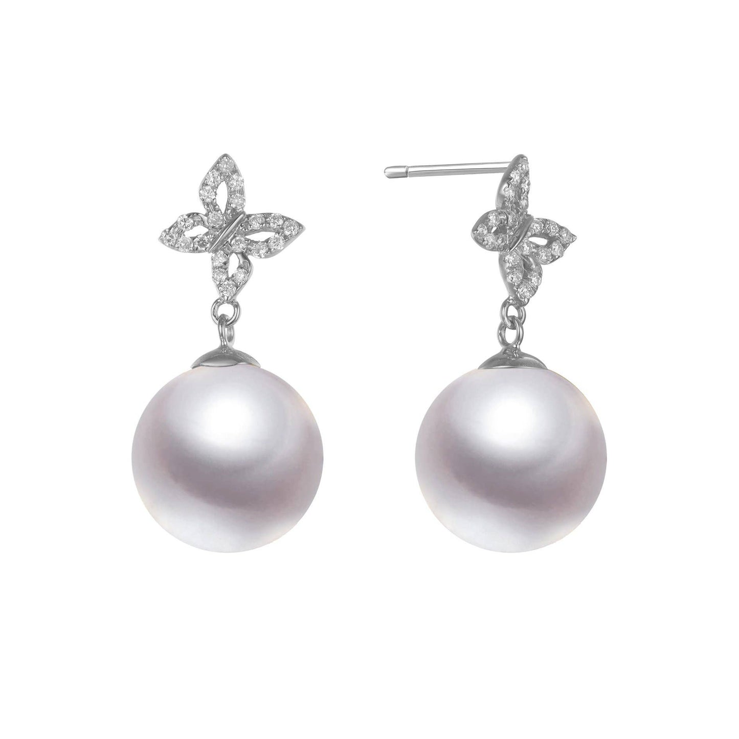 Diamond Butterfly & Pearl Stud Earrings, 18k Gold