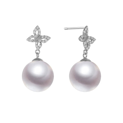 Diamond Butterfly & Pearl Stud Earrings, 18k Gold