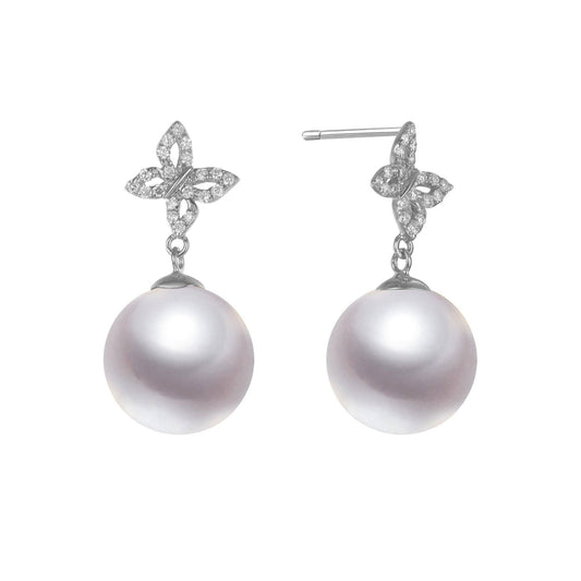 Diamond Butterfly & Pearl Stud Earrings, 18k Gold