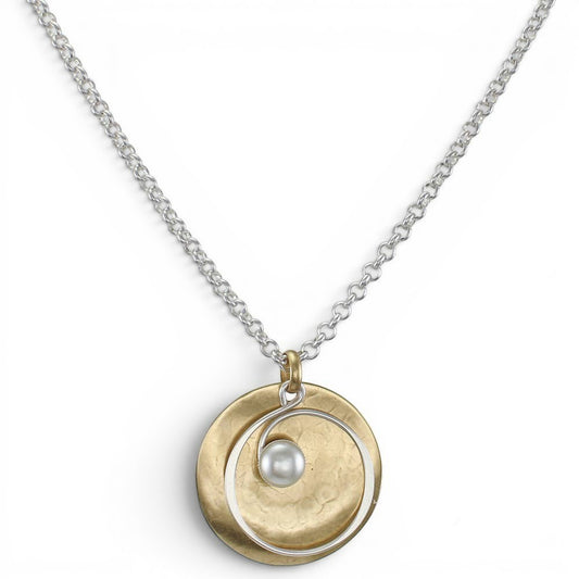 Hammered Disc Spiral Necklace with White Pearl