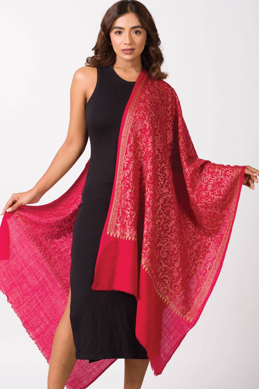 Paisley Embroidered Wool Shawl: Ruby
