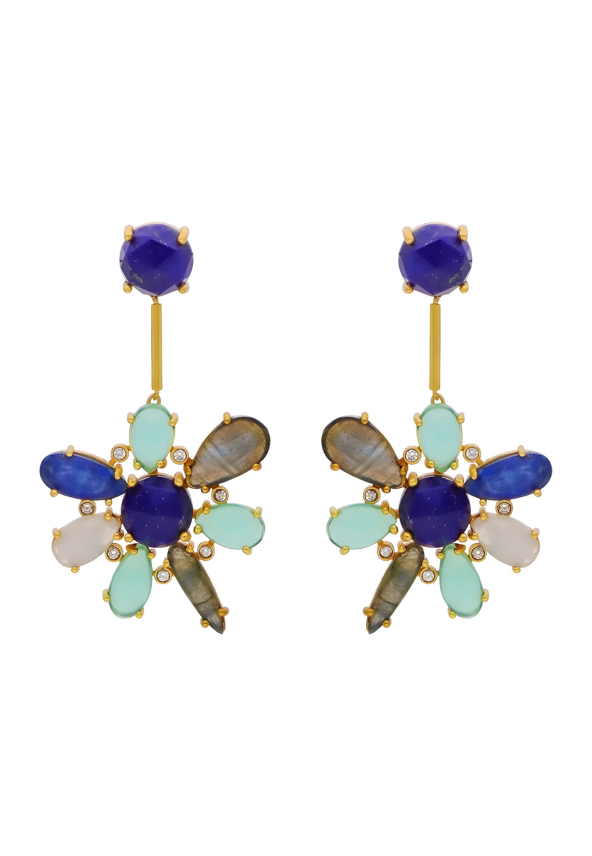 Trebor Style blue hibiscus earrings featuring kyanite, lapis lazuli, and aquamarine stones set in 22k gold plated metal.