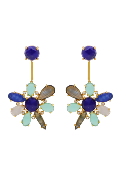 Trebor Style blue hibiscus earrings featuring kyanite, lapis lazuli, and aquamarine stones set in 22k gold plated metal.