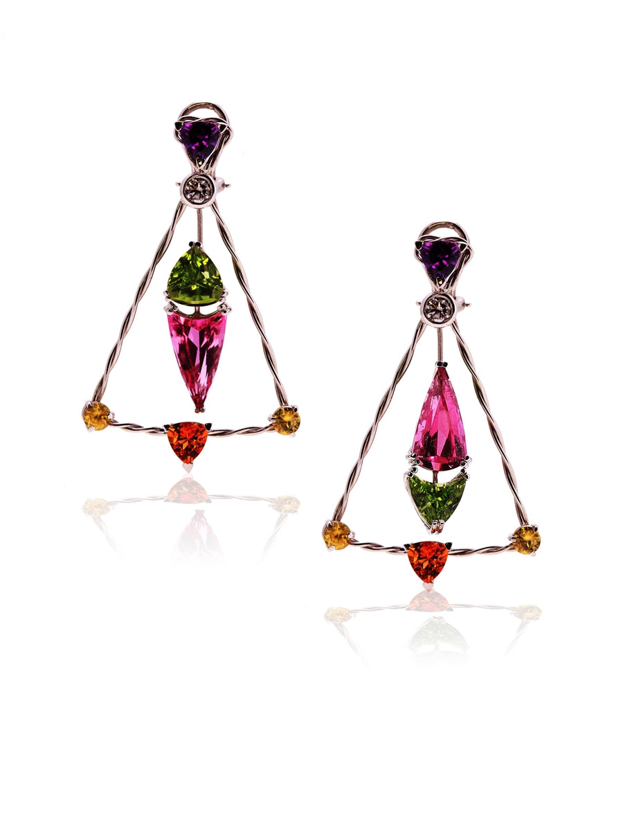 Rubellite & Peridot Trapeze Earrings, Platinum