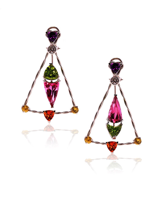 Rubellite & Peridot Trapeze Earrings, Platinum