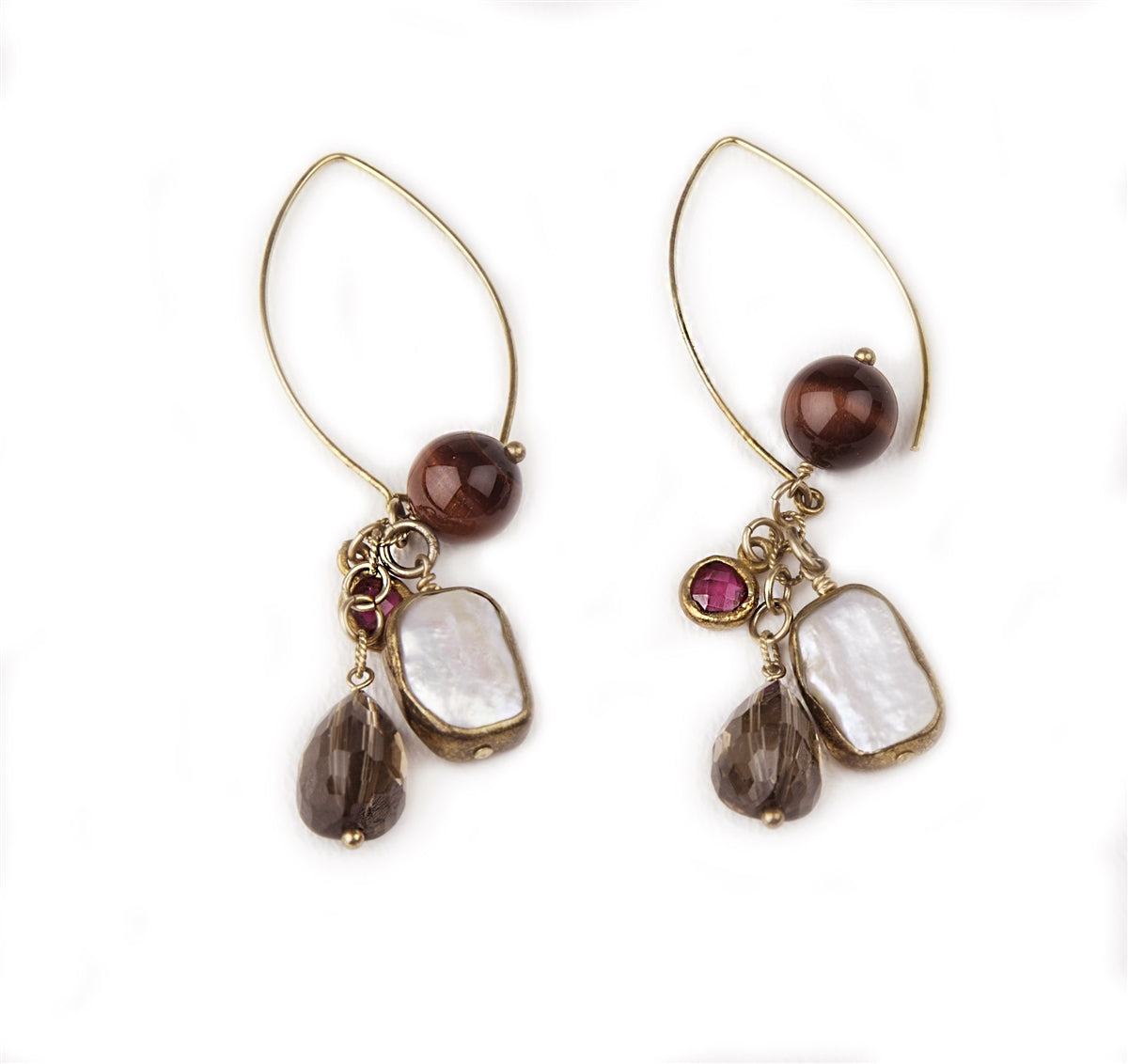 Ruby, Pearl & Smokey Quartz Dangle Earrings