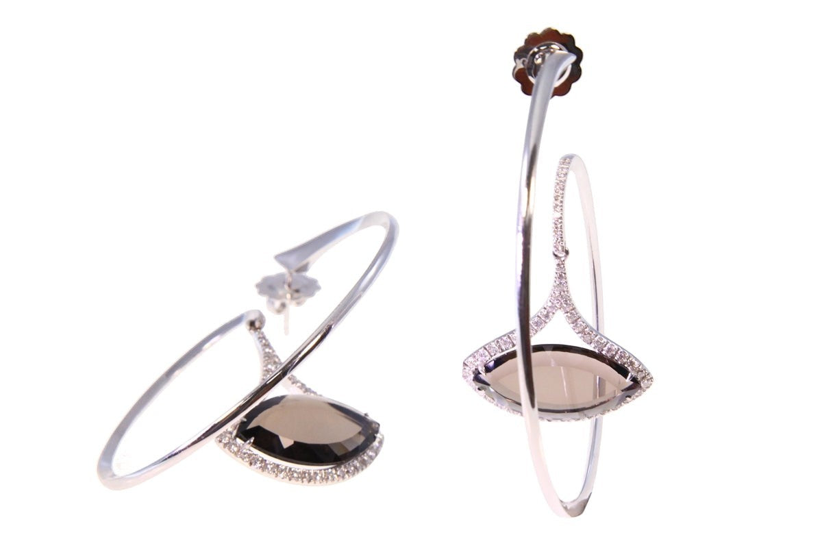 Diamond & Smokey Quartz Gemstone Designer Hoop Earrings, 18k WG