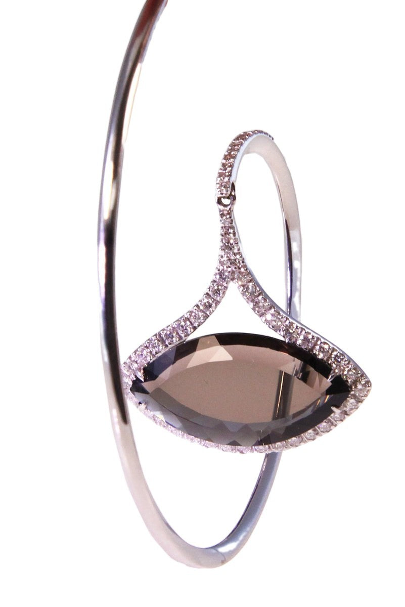 Diamond & Smokey Quartz Gemstone Designer Hoop Earrings, 18k WG view 2