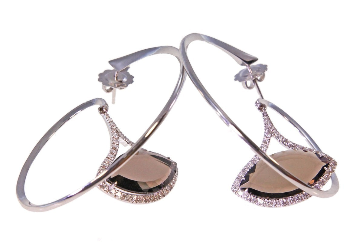 Diamond & Smokey Quartz Gemstone Designer Hoop Earrings, 18k WG view 3