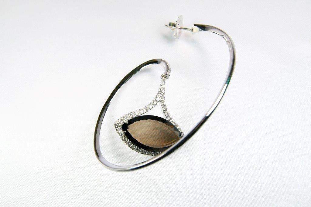 Diamond & Smokey Quartz Gemstone Designer Hoop Earrings, 18k WG view 4