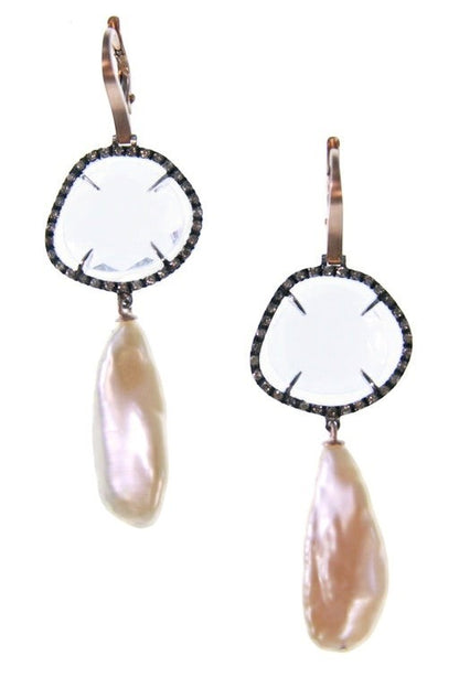 Rock Crystal, Diamond & Pink Pearl Drop Earring, 18k Gld