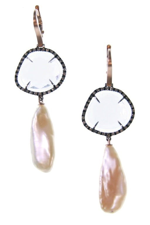 Rock Crystal, Diamond & Pink Pearl Drop Earring, 18k Gld