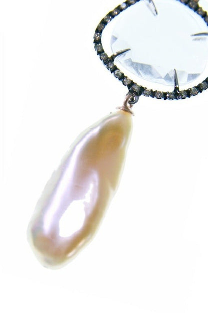 Rock Crystal, Diamond & Pink Pearl Drop Earring, 18k Gld view 2