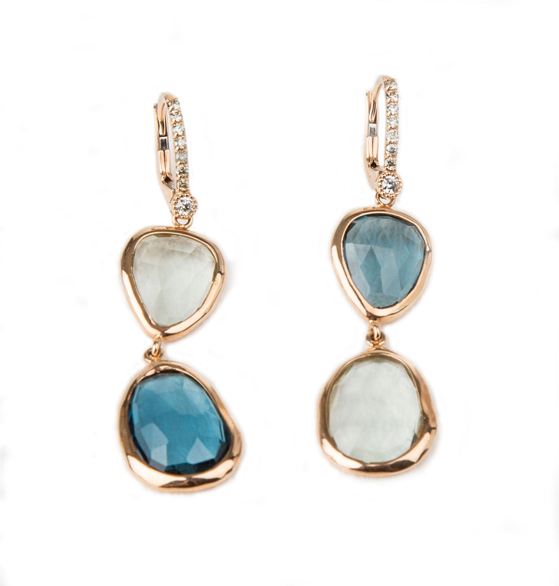 Blue Topaz, Green Amethyst & Diamond Gemstone Drop Earring, 18K Gold