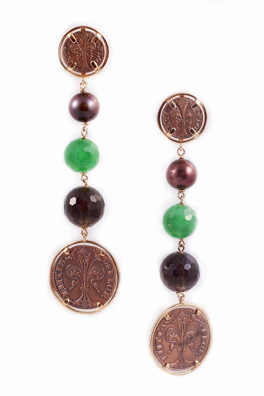 Smokey Quartz, Jade & Pearl Coin Chandelier Earrings, 18k Gold