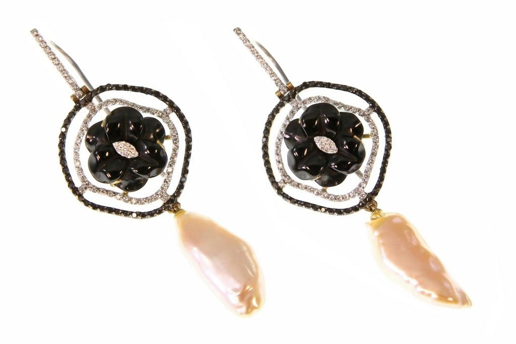 Black Onyx, Diamond & Keshi Pearl Drop Earring, 18k Gld