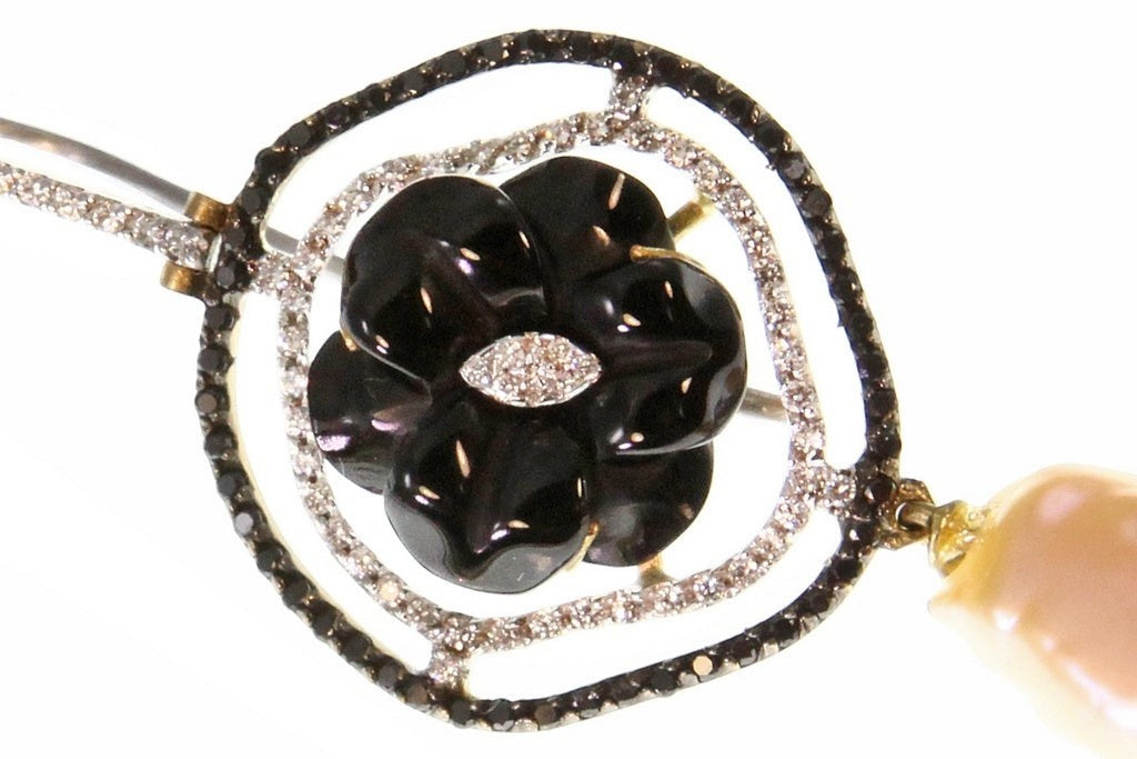 Black Onyx, Diamond & Keshi Pearl Drop Earring, 18k Gld view 2