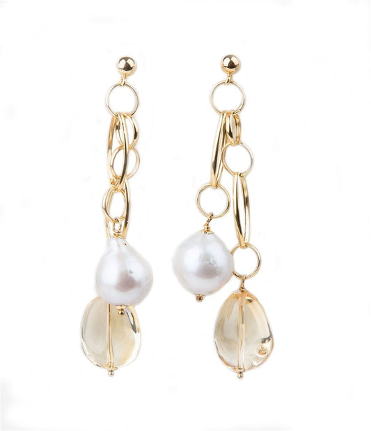Citrine & Pearl Chandelier Earrings, 18k Gold