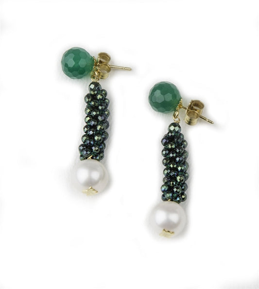 Green Agate, Hematite & White Pearl Drop Earring by Rajola
