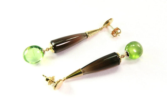 Smokey Quartz & Peridot Gemstone Chandelier Earrings, 18k Gold