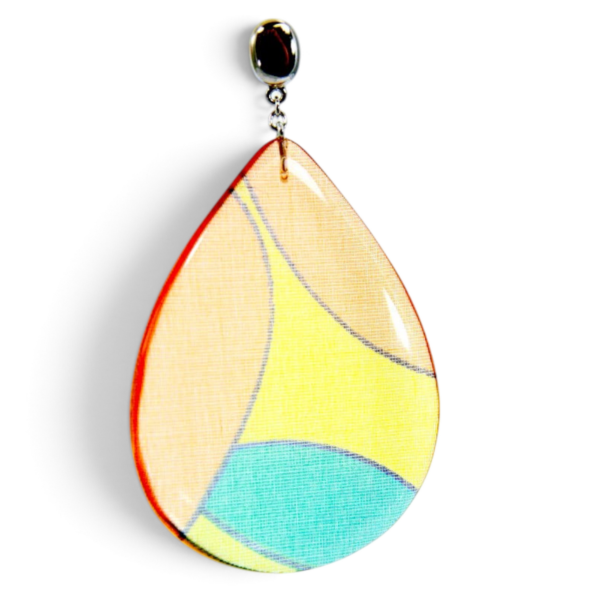 Trebor Style teardrop earrings featuring pastel orange, yellow, and blue silk encased in lightweight acrylic with silver