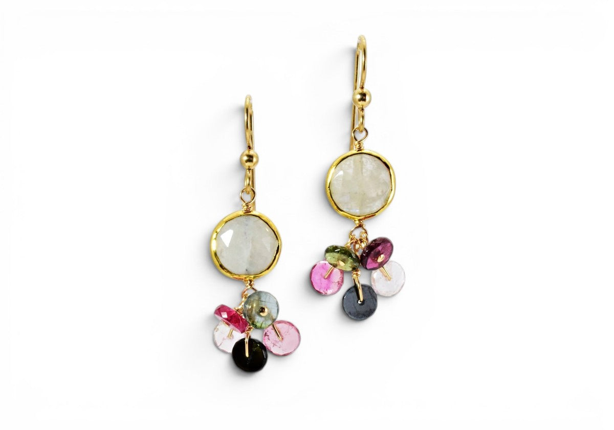 Moonstone & multi-color Tourmaline Drop Earring