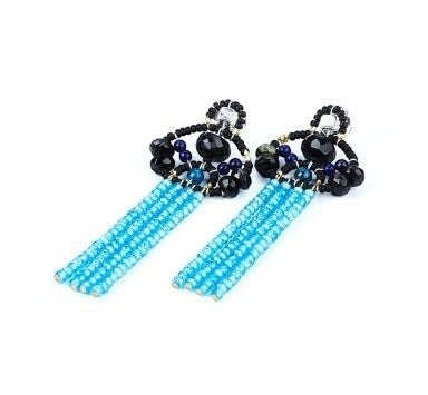 Long Black Onyx & Blue Zircon Tassel Earrings by Ziio