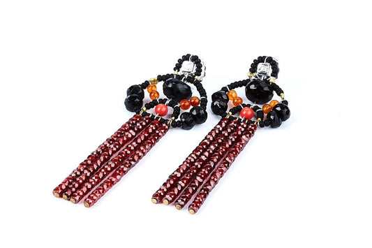 Long Black & Red Zircon Tassel Earrings by Ziio