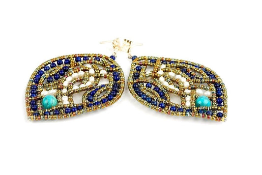 Lapis, Pearl & Turquoise Chandelier Earrings by Ziio