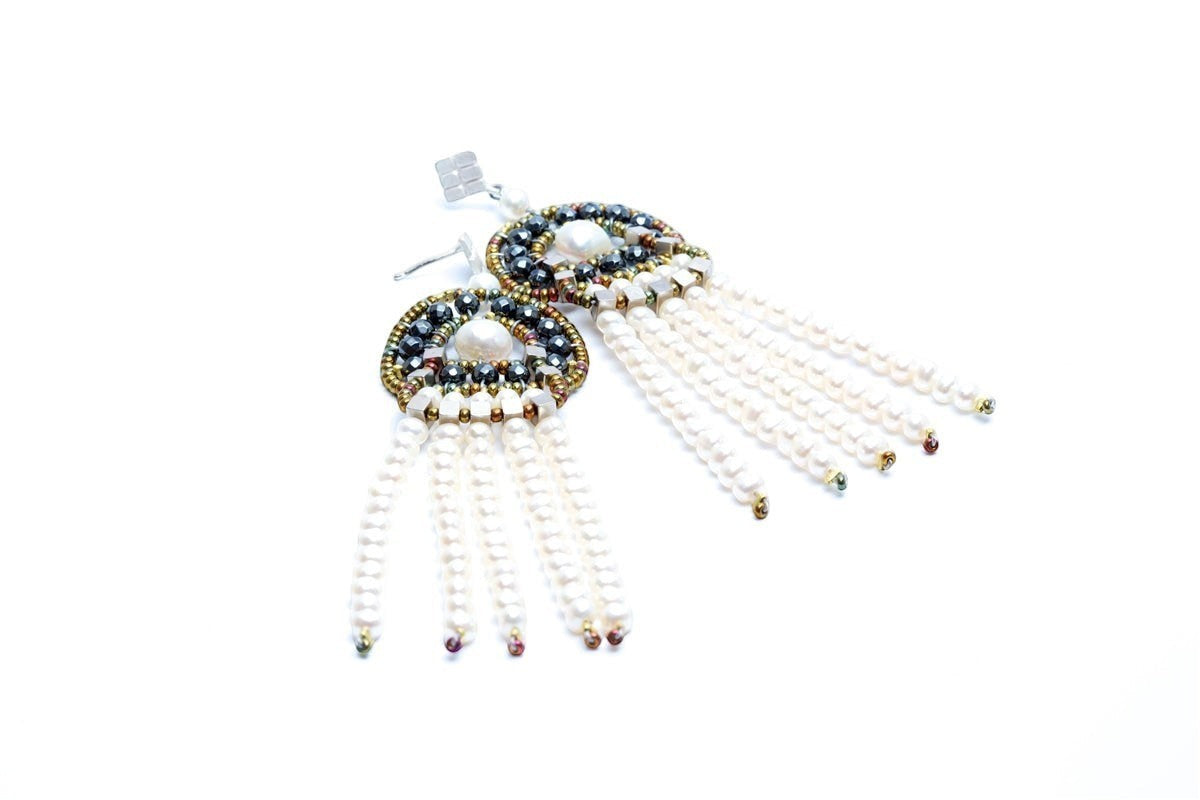 Long White Pearl Tassel Earrings by Ziio