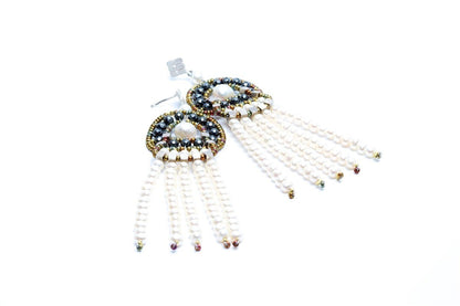 Long White Pearl Tassel Earrings by Ziio