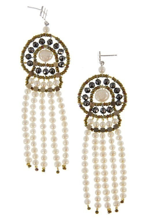 Long White Pearl Tassel Earrings by Ziio view 2