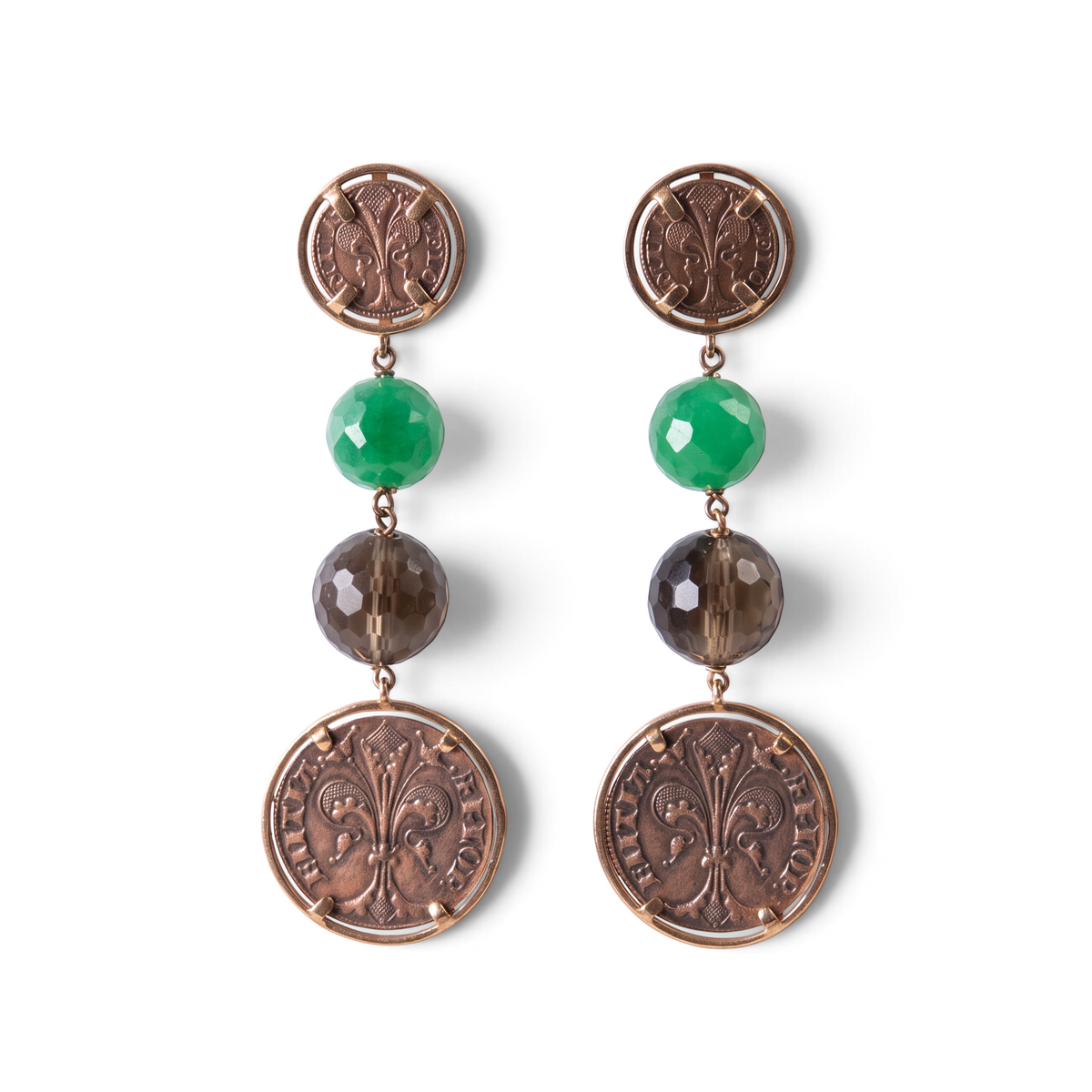Trebor Style Roman coin chandelier earrings in 18k rose gold with faceted green jade and smokey quartz gemstones.