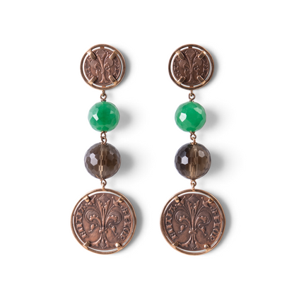 Trebor Style Roman coin chandelier earrings in 18k rose gold with faceted green jade and smokey quartz gemstones.