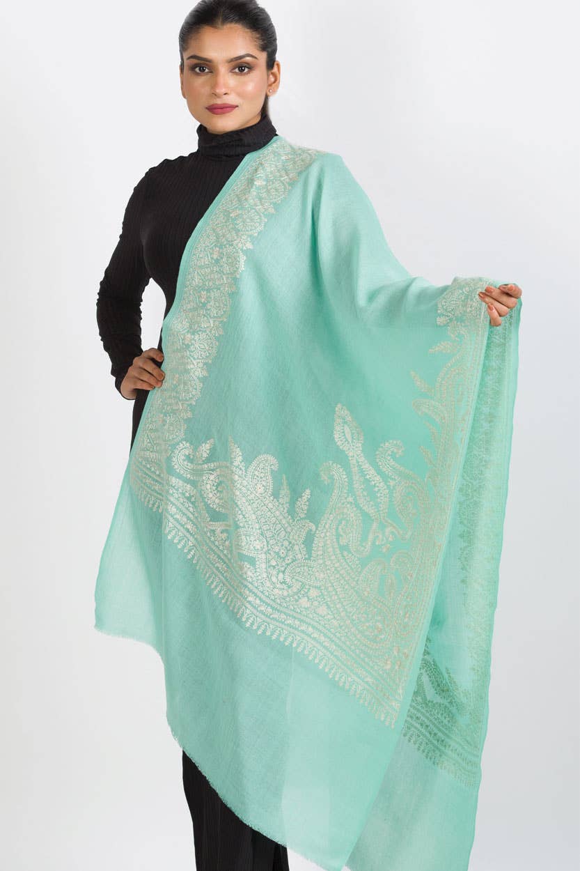 Geeta Embroidered Wool Shawl in Aqua & Ivory